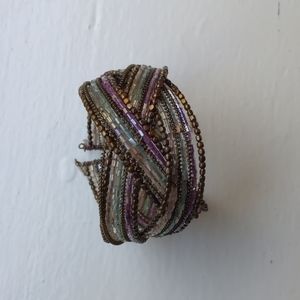 Beaded cuff bracelet purple, turquoise, white, and bronze